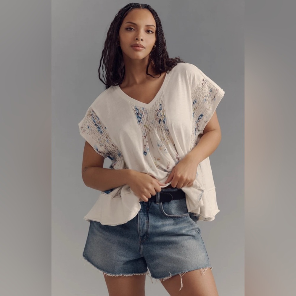 Anthropologie Smocked Swing Tee. Ivory & Blue.